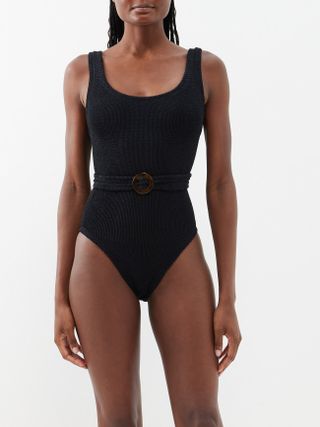 Hunza G + Solitaire Belted Crinkle-Knit Swimsuit