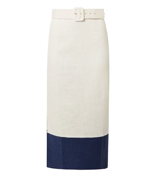 Staud + Brackett Two-Tone Belted Linen-Blend Midi Skirt