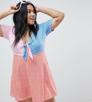 ASOS Curve + Mini Color Block Gingham Skater Sundress With Tie Front