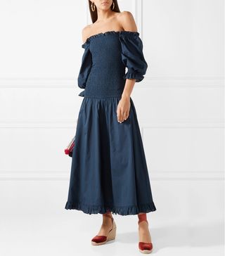 Rhode Resort + Eva Off-the-Shoulder Shirred Cotton-Poplin Maxi Dress