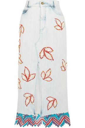 Peter Pilotto + Lace-Trimmed Embellished Denim Midi Skirt