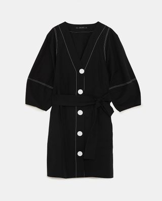 Zara + Buttoned Dress with Contrast Topstitching