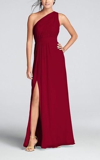 David's Bridal + Long One-Shoulder Crinkle Chiffon Dress