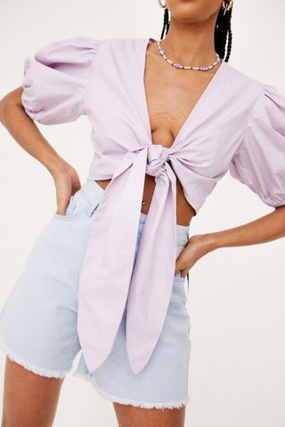 NastyGal + Puff Sleeve Bow Tie Cropped Blouse