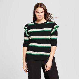 Who What Wear x Target + Striped 3/4 Sleeve Shoulder Frill Crew