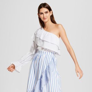 Who What Wear x Target + Striped Long Ruffle Sleeve One Shoulder Top