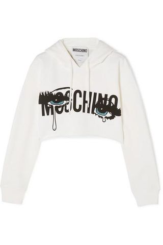 Moschino + Cropped Printed Stretch-Cotton Jersey Hooded Top