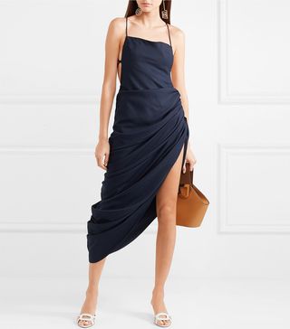 Jacquemus + Saudade Ruched Asymmetric Wool-Twill Midi Dress