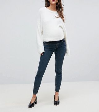 ASOS Maternity + Ridley High Waist Skinny Jeans in Nanette Darkwash Blue with Under the Bump Waistband