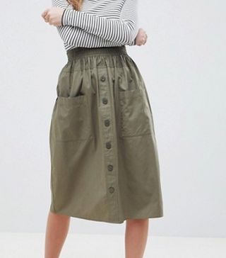ASOS + Cotton Midi Skirt With Button Front