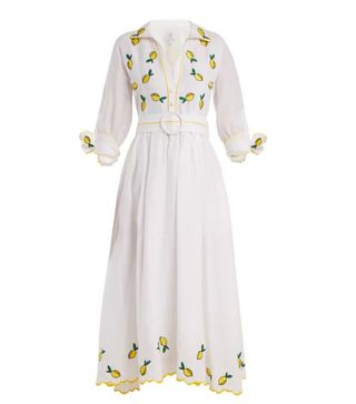 Gül Hürgel + Lemon-Embroidered Point-Collar Linen Dress