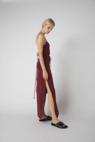 Kacey Devlin + Asymmetrical Full Wrap Dress in Merlot