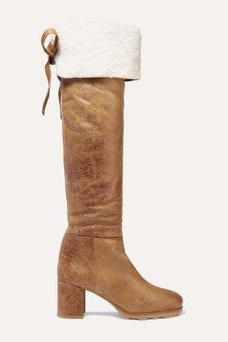 Miu Miu + Shearling-Trimmed Leather Knee Boots