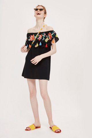 Topshop + Tassel Embroidered Mini Bardot Dress
