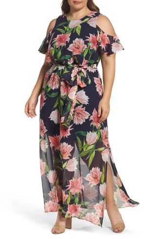 Eliza J + Floral Chiffon Cold Shoulder Maxi Dress
