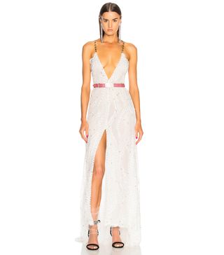 Alessandra Rich + Crystal Embroidered Plunging Lace Gown