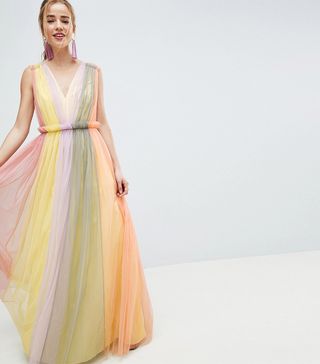 ASOS Premium + Tulle Maxi Dress in Pastel Colourblock