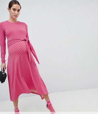 ASOS Design + Maternity Tie Front Midi Dress in Polka Dot