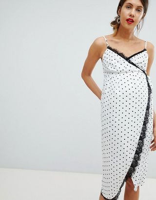 ASOS Design + Maternity Lingerie Wrap Midi Dress in Satin Polka Dot