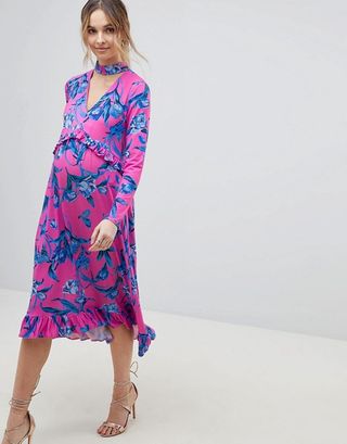 ASOS Design + Maternity Slinky Midi Dress With Choker Neck and Frill Details in Floral Print