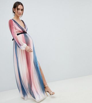 Little Mistress Maternity + Contrast Stripe Plunge Front Maxi Dress