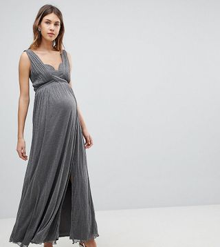 Little Mistress Maternity + Metallic Jersey Maxi Dress With Wrap Detail