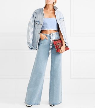 Off-White + Cropped Distressed Denim Bustier Top
