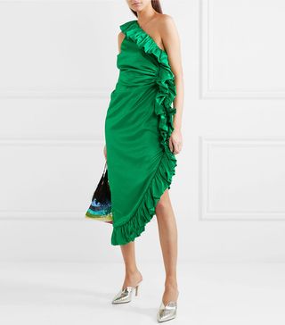 Attico + One-Shoulder Ruffled Hammered Cotton-Blend Satin Dress