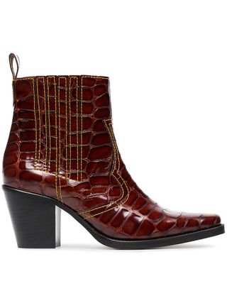 Ganni + Brown Rosette Patent Leather Cowboy Boots