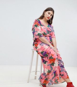 Lost Ink Plus + Maxi Kimono Sleeve Maxi Dress In Oversized Floral Print