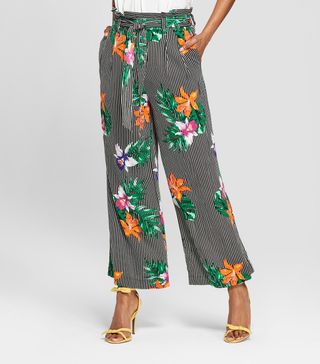 Who What Wear x Target + Striped Floral Print Relaxed Paperbag Crop Pants