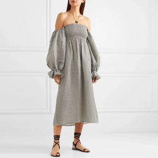 Sleeper + Atlanta Off-The-Shoulder Shirred Gingham Linen Midi Dress