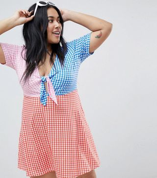 ASOS Curve + Mini Skater Sundress With Tie Front in Color Block Gingham
