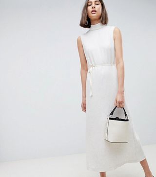ASOS White + Pleated Midaxi Dress With Tie Detail