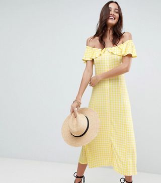 ASOS + Off Shoulder Button Through Midi Sundress in Gingham