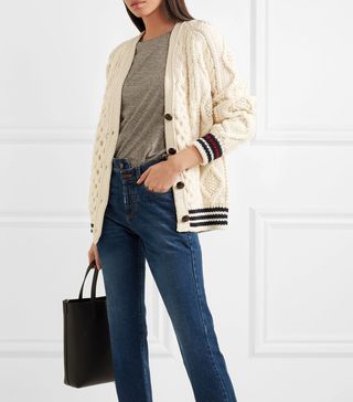 Saint Laurent + Striped Cable-Knit Wool Cardigan