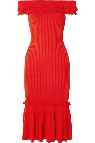 Jonathan Simkhai + Off-the-Shoulder Ruffled Ribbed-Knit Midi Dress