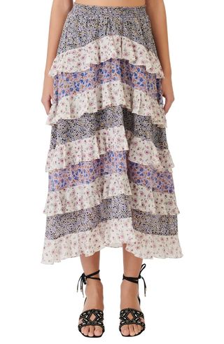 Maje + Jilota Tiered Mixed Floral Print Cotton Skirt