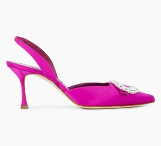 Manolo Blahnik + Pink Fiboslac Crystal 85 Satin Slingbacks