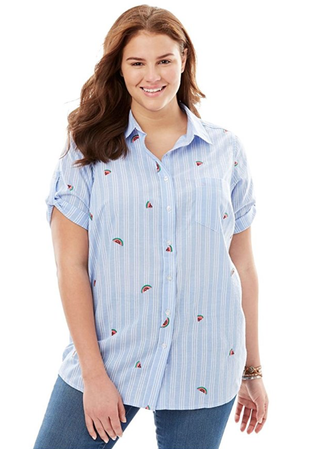 Woman Within + Button-Tab Short Sleeve Button-Down Seersucker Shirt