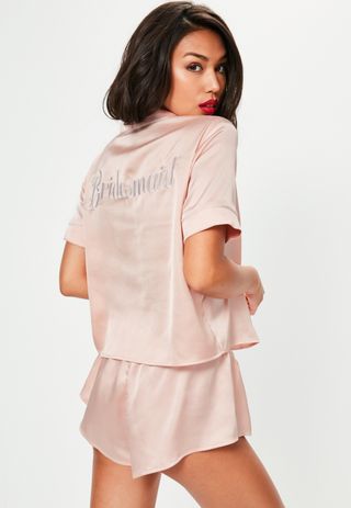 Missguided + Pink Satin Bride Piped Short Pajamas Set