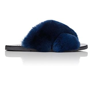 Barneys New York + Rabbit Fur Crisscross-Strap Slide Sandals
