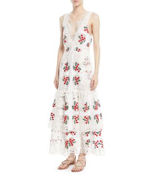 Brock Collection + Darling Plunging Sleeveless Lace Day Dress w/ Cherry Embroidery