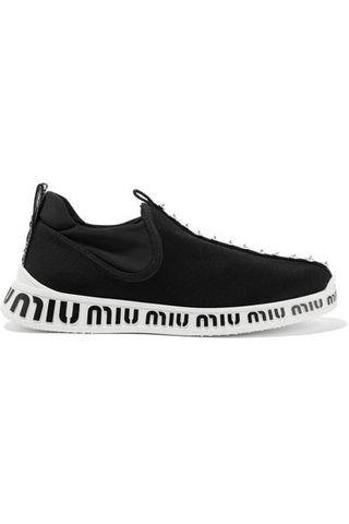 Miu Miu + Logo-Embossed Embellished Stretch-Knit and Neoprene Sneakers