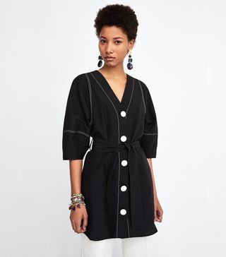 Zara + Buttoned Dress With Contrasting Topstitching