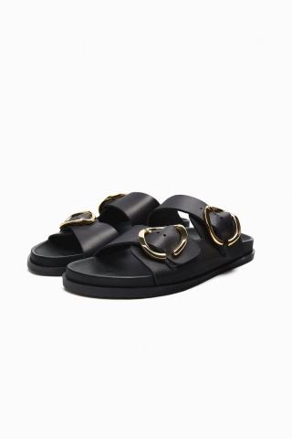 Zara + Buckled Flat Leather Sandals