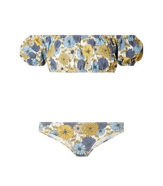 Lisa Marie Fernandez + Leandra Off-the-Shoulder Floral-Print Stretch-Denim Bikini Top