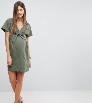 ASOS Maternity + V Neck Column Mini Dress With Eyelet and Tie