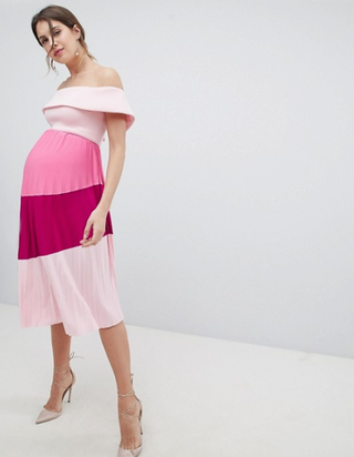 ASOS Maternity + Scuba Bardot Color Block Pleated Midi Dress