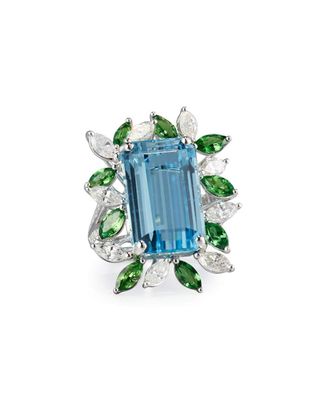 Alexander Laut + Emerald-Cut Aquamarine Ring With Tsavorites & Diamonds